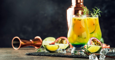 Summer passion fruit, lime and rosemary cocktail or lemonade