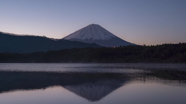Sunrise at lake Saiko and Mt Fuji in Kawaguchiko in Japan. Reflection of Mt Fuji