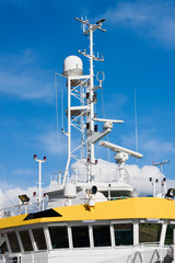 Command bridge, antennas, radar and  other communication and navigation equipment on the command...