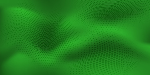 Abstract halftone background with wavy surface made of dots in green colors