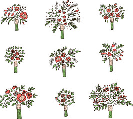 Hand drawn illustration of wedding bouquets. Set of the bride's bouquet isolated on a white background.