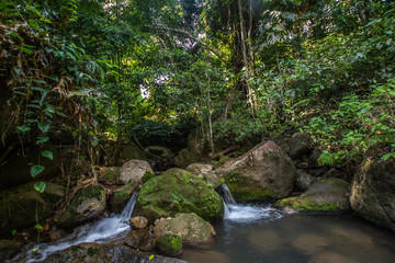 Obraz premium Kathu Waterfall in the tropical forest area In Asia, suitable for walks, nature walks and hiking, adventure photography Of the national park Phuket Thailand,Suitable for travel and leisure.