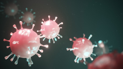 Coronavirus floating in fluid microscopic view, pandemic or virus infection concept. Closeup. Flu or HIV - 3D illustration