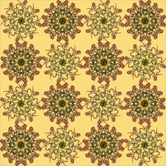 The pattern is made up of red and yellow ribbons on a light background. Suitable for textile and holiday packaging