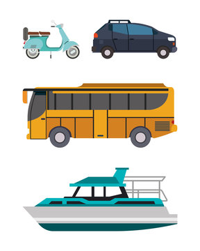 Motorcycle car bus and boat vehicles vector design