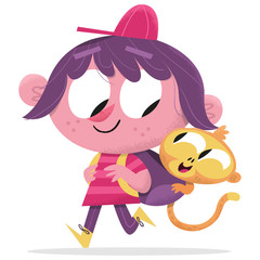 Girl and monkey best friends - friendship cute illustration cartoon vintage