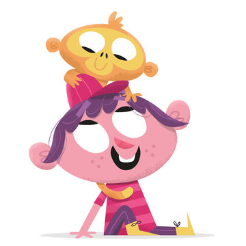 Girl and monkey tamarin best friends - friendship cute illustration cartoon vintage
