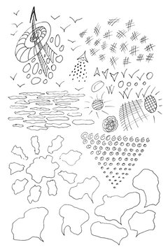 Set of pen-drawn linear shapes. Black dots, curved lines, arrows, circles, check marks on a white background. Isolated raster elements.