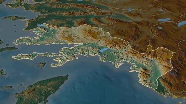 Mugla, province with its capital, zoomed and extruded on the relief map of Turkey in the conformal Stereographic projection. Animation 3D