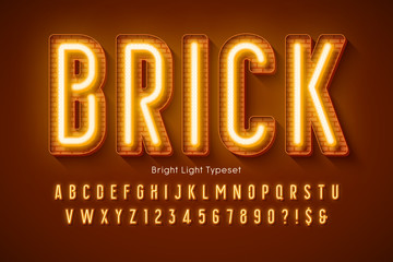 Neon light 3d alphabet, extra glowing modern type.