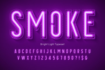 Neon light 3d alphabet, extra glowing modern type.