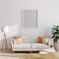 mock up poster or picture frame in modern minimalistic interior background, living room, mock up,  Scandinavian style, 3D illustration