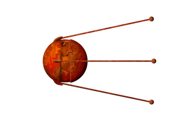 Cartoon 3d old sputnik. Rusty artificial Earth satellite isolated on white background. Vector illustration.