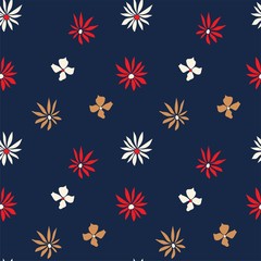 Fototapeta na wymiar leafy 70’s vintage botanical floral vector seamless pattern navy background editable