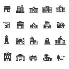 Fototapeta premium Set of town architecture and buildings icons in glyph style design isolated on white background 