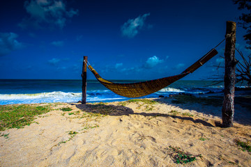 The blurred natural background of the blue sky by the large lake, with the sea rolling over the beach all the time,can be seen during the summer season.