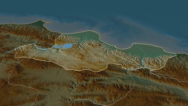 Samsun, province with its capital, zoomed and extruded on the relief map of Turkey in the conformal Stereographic projection. Animation 3D