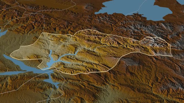 Siirt, province with its capital, zoomed and extruded on the relief map of Turkey in the conformal Stereographic projection. Animation 3D