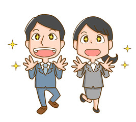 目を輝かせるスーツ姿の男性と女性