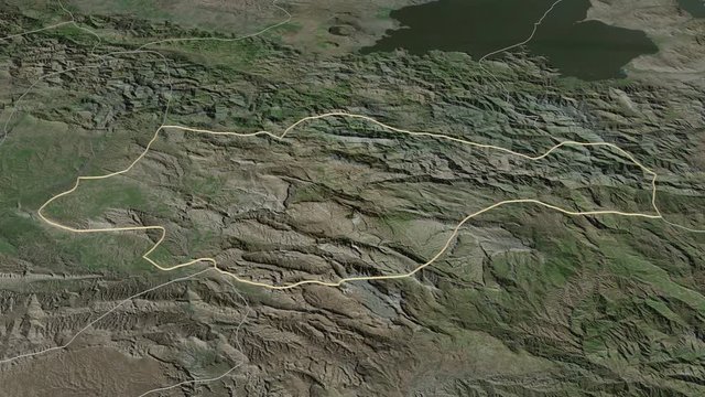 Siirt, province with its capital, zoomed and extruded on the satellite map of Turkey in the conformal Stereographic projection. Animation 3D