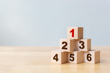 Wood block stacking as step stair with number. The best excellent business services rating customer experience concept
