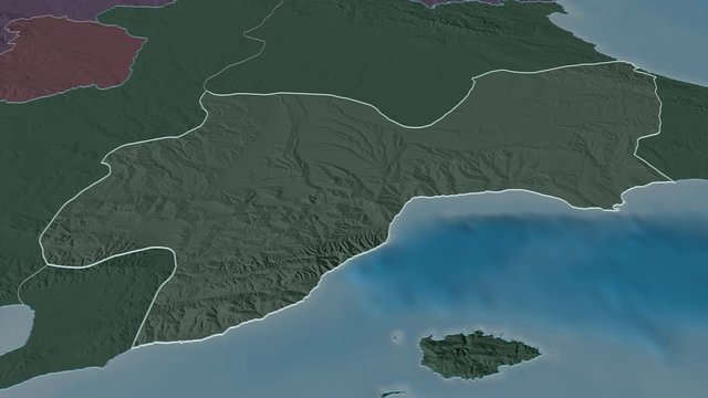 Tekirdag, province with its capital, zoomed and extruded on the administrative map of Turkey in the conformal Stereographic projection. Animation 3D
