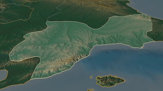 Tekirdag, province with its capital, zoomed and extruded on the relief map of Turkey in the conformal Stereographic projection. Animation 3D