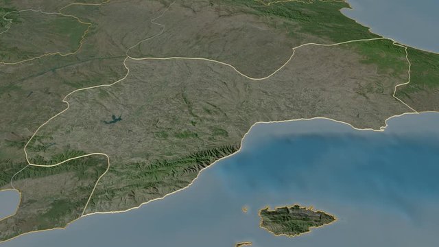 Tekirdag, province with its capital, zoomed and extruded on the satellite map of Turkey in the conformal Stereographic projection. Animation 3D