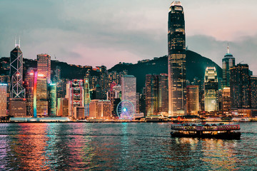 Hong Kong, Hong Kong - March 6, 2016: Skyline in Victoria Harbor, Hong Kong. View from Kowloon on HK Island.