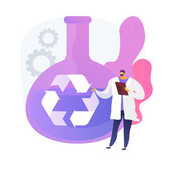 Pharmaceutical research. Chemical liquid analysis, lab testing, bio drug analyzing. Fluid in recycling glassware. Laboratory worker cartoon character. Vector isolated concept metaphor illustration.