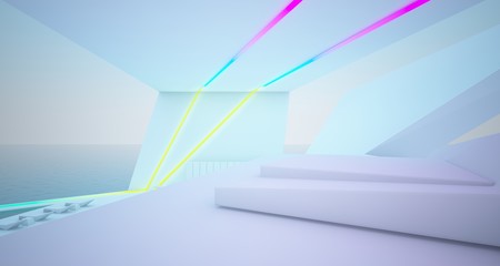 Abstract architectural white interior of a modern villa on the sea with colored neon lighting. 3D illustration and rendering.