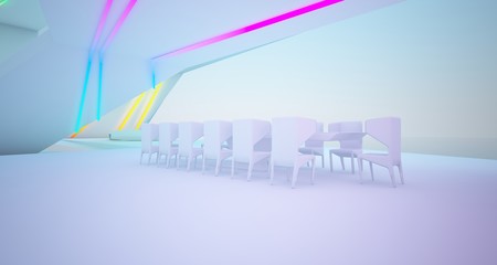 Abstract architectural white interior of a modern villa on the sea with colored neon lighting. 3D illustration and rendering.