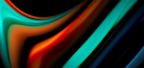 Abstract silk smooth lines on black, multicolored liquid fluid rainbow style waves on black