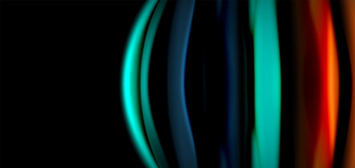 Abstract silk smooth lines on black, multicolored liquid fluid rainbow style waves on black