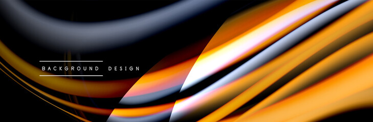 Сolorful flow poster. Wave liquid lines and shapes in black color background. Vector Illustration