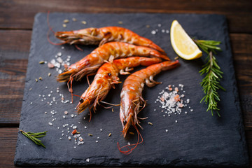 Barbeque grilled prawns. Shrimp seafood with lemon and spices. Fish restaurant menu