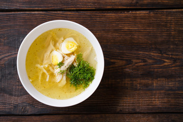 Hot chicken broth with fillet and boiled eggs. Healthy dietary tasty food, homemade meals