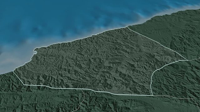 Zonguldak, province with its capital, zoomed and extruded on the administrative map of Turkey in the conformal Stereographic projection. Animation 3D