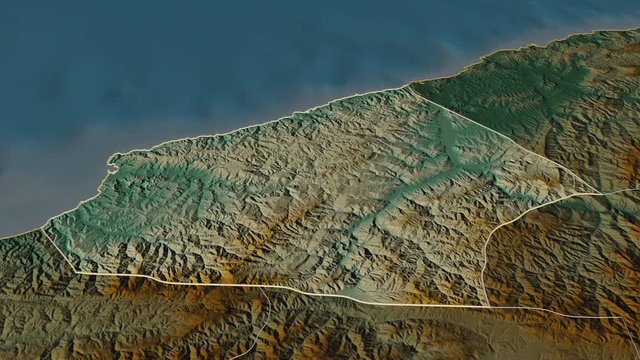 Zonguldak, province with its capital, zoomed and extruded on the relief map of Turkey in the conformal Stereographic projection. Animation 3D