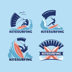 Set of Extreme Sport Kitesurfing or Kite Boarding Vector Illustration