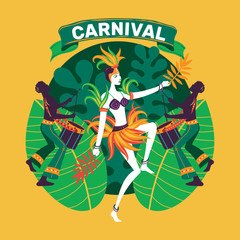 Vector Illustration Woman dance in colorful carnival costume, tropic leafes and mask on a Brazilian carnival theme