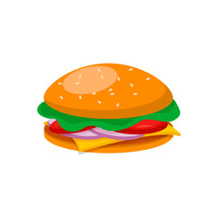 Burger with beef, cheese, lettuce, tomato, cucumber and onion in flat style.