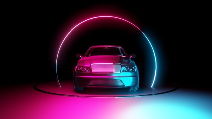 Fototapeta na wymiar Car with neon light circle frames