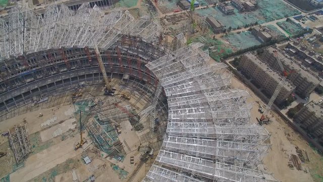 XI'AN, CHINA - MARCH 25, 2019: AERIAL shot of stadium being built,China