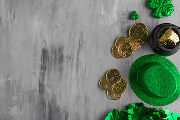 Flat lay, St. Patrick's Day, March 17, on a light background accessories for a celebration, a traditional Irish holiday