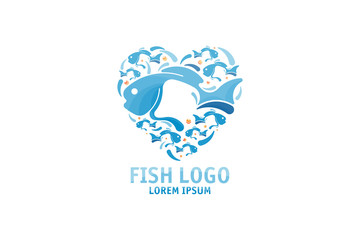 Heart shape fish logo design. Template for seafood restaurant, shop and sushi bar. Flat vector illustration EPS 10