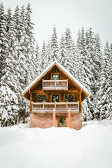 Fototapete Weiß Berghütten in der Nähe des Skigebiets