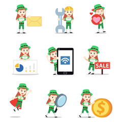 Set of character female leprechaun Irish with green color costumes.