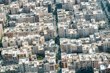 Aerial view of streets and residential buildings in Tehran, Iran