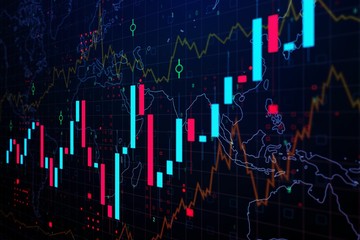 Abstract financial graph on world map background. 3D Rendering